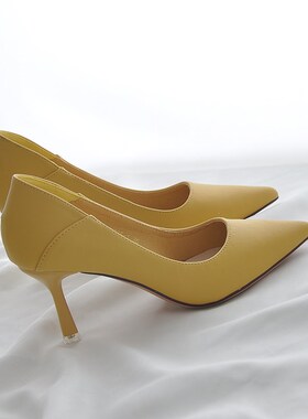 黄色高跟鞋新款2024年设计感小众法式配裙子单鞋女高级软皮细跟