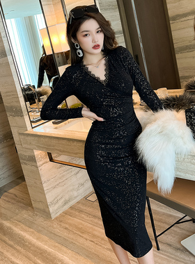 黑色年会礼服裙高端轻奢小众生日小礼服高弹力亮片V领包臀连衣裙