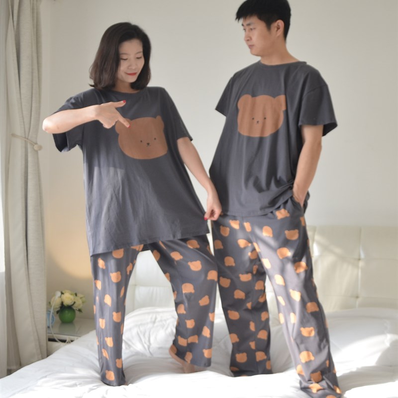 200斤加肥大码卡通熊情侣睡衣男女夏季短袖长裤纯棉家居服两件套