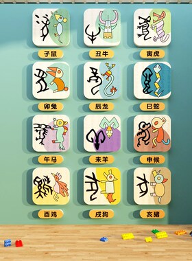 十二生肖贴纸甲骨文象形字幼儿园墙面装饰创意画环创主题成品文化