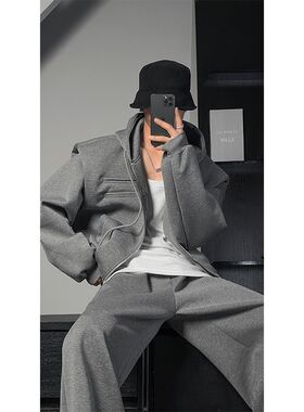 龙叨叨秋季新款潮流简约高级感运动垫肩连M帽卫衣宽松阔腿裤套装