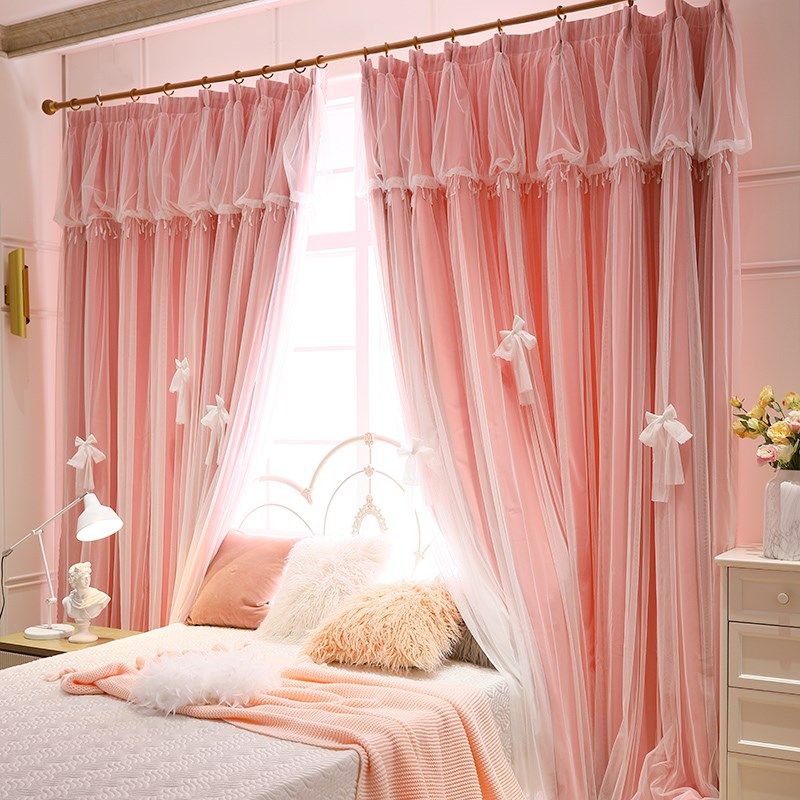少女孩子公主窗帘遮光卧室儿童房间挂钩式飘窗小窗户轻奢现代简约
