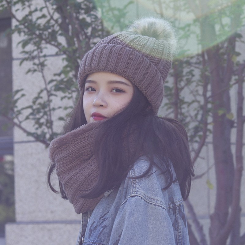 冬天加长大围巾毛线帽子女两件套一体针织帽冬保暖加绒加厚防风帽