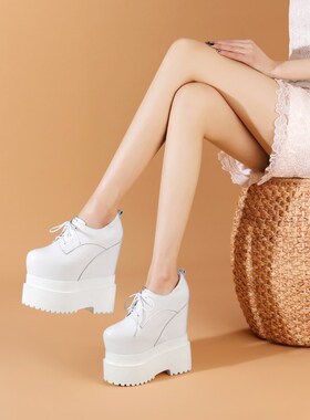 白色18cm内增高小白鞋女厚底松糕鞋真皮小个子超高跟舞台演出女鞋