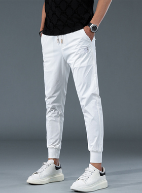 潮牌白色裤子男夏季卫裤束脚冰y丝休闲长裤潮流修身小脚九分运动