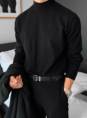 冬季黑色半高领毛衣男士韩版潮流港E风内搭打底纯色针织衫休闲百