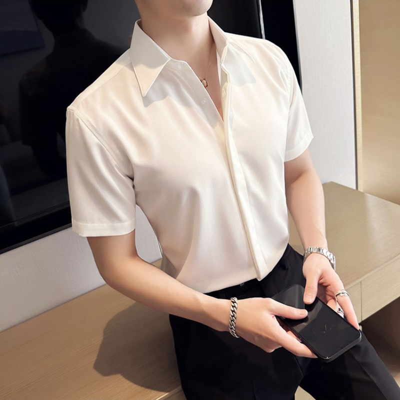 高级感大领休闲衬衫男士夏季短袖薄款商务白寸衫暗扣修身衬衣长袖