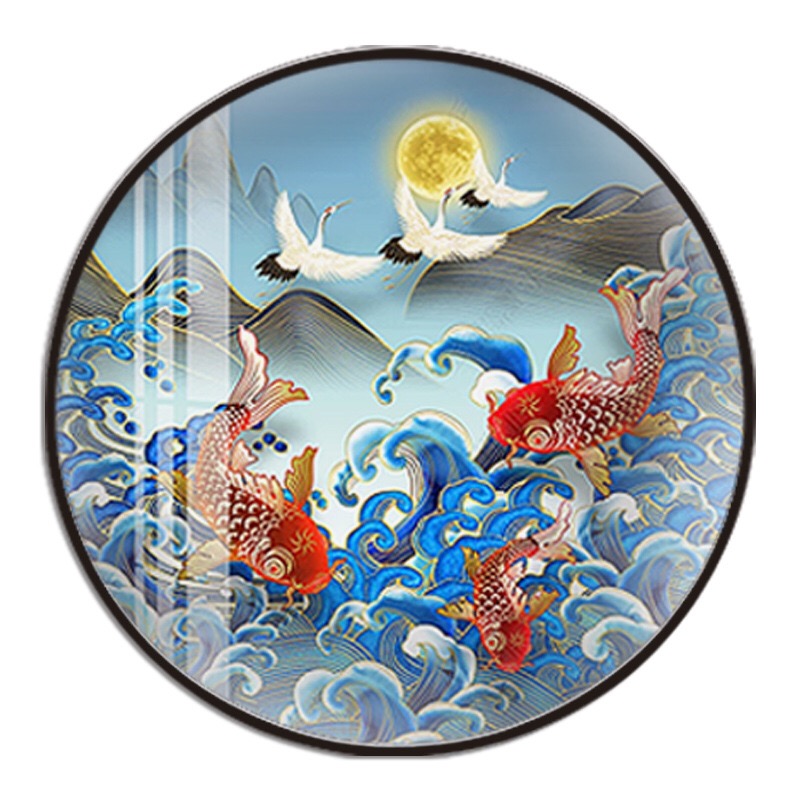 中式山水客厅玄关装饰画现代简约晶瓷圆框画金色山水仙鹤锦鲤日式图片