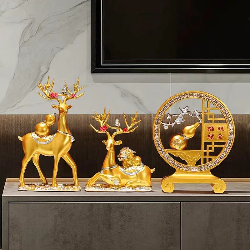 福禄全招财鹿摆件喜柿葫芦客厅玄关家居酒柜装饰品乔迁新居礼品