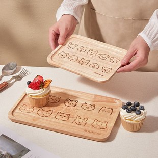 创意长方点心蛋糕盘早餐盘甜x品盘可爱卡通小猫木质托盘家用餐盘