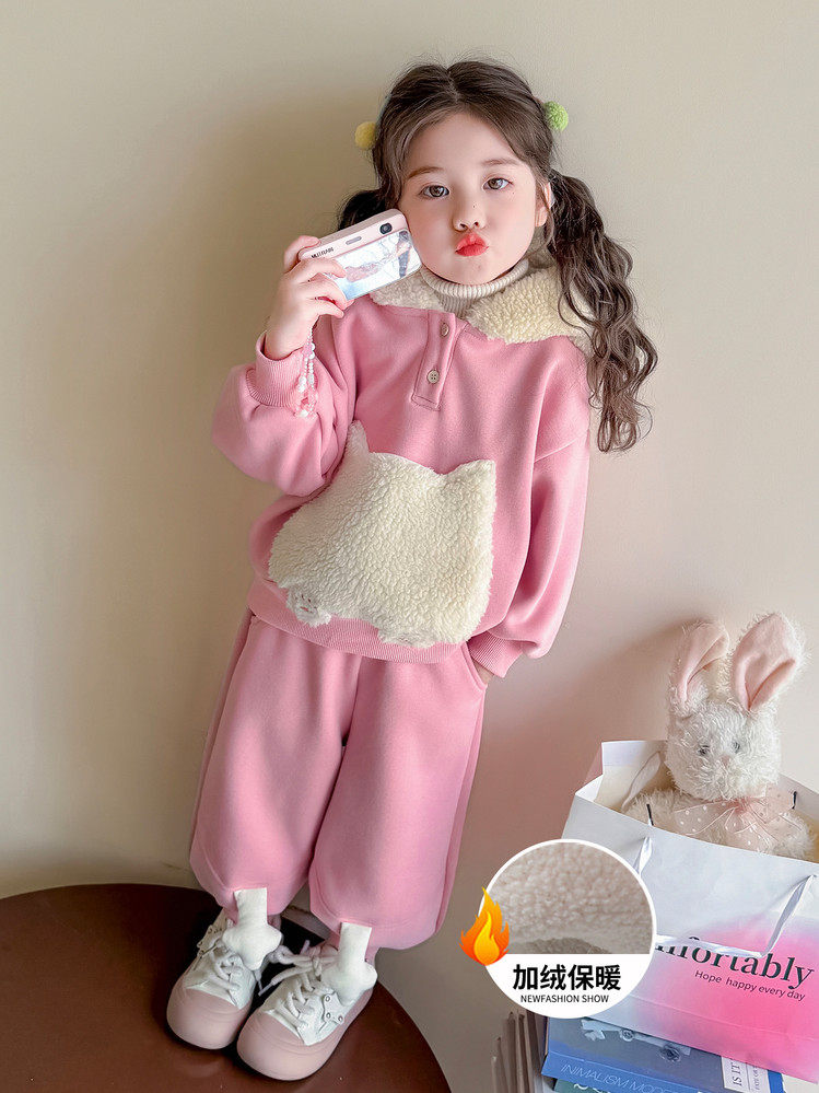 女童加绒套装2025新款秋冬洋气时髦加厚小熊保暖连帽卫衣两件套
