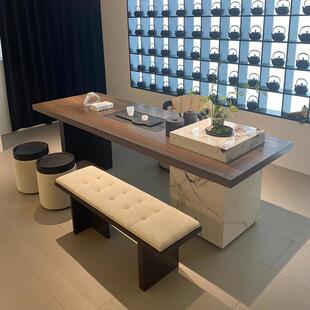 轻奢新中式现代实木茶桌意式岩板石柱高端办公茶室别墅客厅泡茶桌