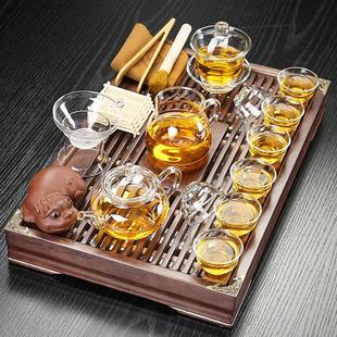 家用简约不锈钢抽屉式 玻璃功夫茶具套装 小茶盘实木带排水茶海整套