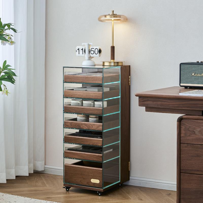 妙梵“茶玻柜”5o大人北美黑胡桃木茶具收纳玻璃柜茶水柜移动边柜