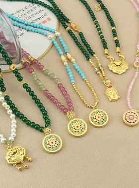 民族风长款毛衣链圆牌锁祖母绿色仿珍珠项链女国潮汉服Z新中式配