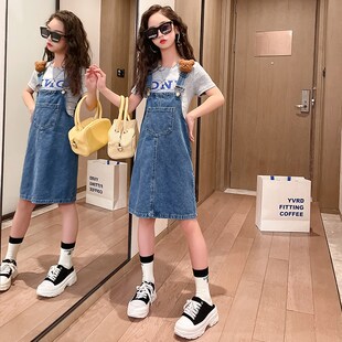 牛c仔背带裙子套装 大童短袖 2024新款 洋气夏装 连衣 儿童装 女童夏季