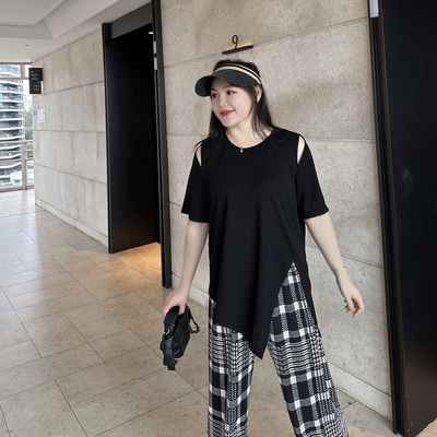 露肩开叉T恤加大码女装2023y年夏装新款胖mm宽松显瘦棉质短袖上衣