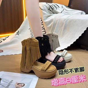 厚底松糕百搭休闲夏季 增高8cm爆款 Z流苏凉靴女 女2025新款 透气凉鞋