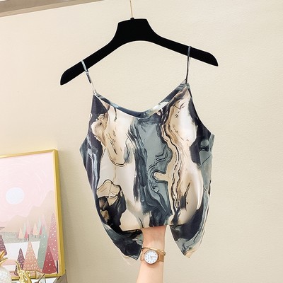 背心女夏外穿小众小吊带法式无袖上衣打底真P丝水墨印花西装内搭
