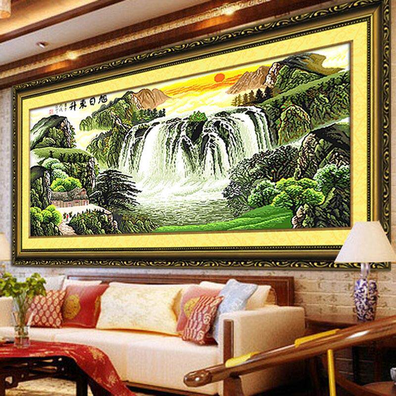 2025新绣花十字绣朝日东升成品机绣待售客厅新产品山水画风景