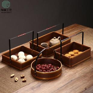 复古野餐篮高档提篮家用干果盘茶楼茶具收纳篮点心盘酒店竹编托盘