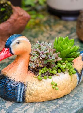 花园装饰 庭院摆件户外园艺装饰创意小动物多肉花盆 树脂鸭子摆件