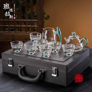 高档玻璃功夫茶具套装 茶杯轻奢茶杯绿松石家用中式 茶壶新款 礼盒装