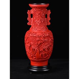 扬州漆厂专门为洋人祛胎红雕漆花瓶饰品古董单位经营礼品
