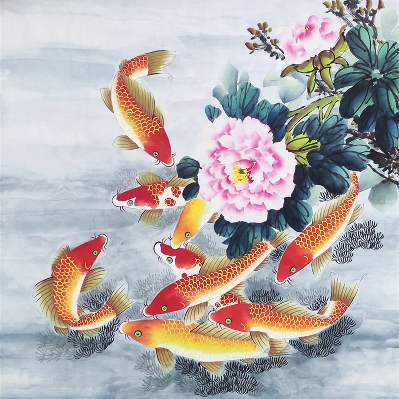 纯手绘定制国画花鸟画客厅玄关装饰四尺斗方无落款水墨牡丹九鱼图图片