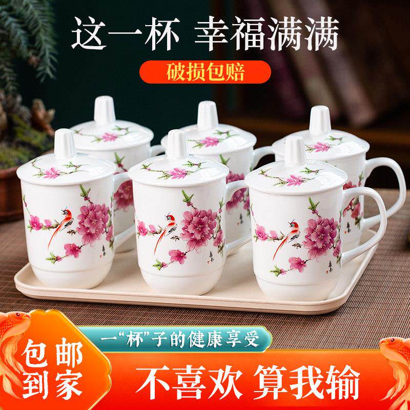 景德镇套装家用陶瓷带盖茶杯泡茶现代中式杯子6祇装含茶盘可定制