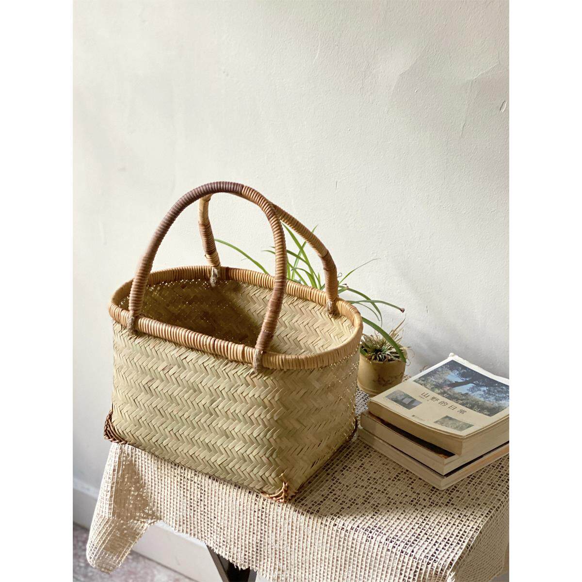 竹制杂货购物篮购物篮采摘储物篮家用编织藤编野餐蓝色手提包覆古