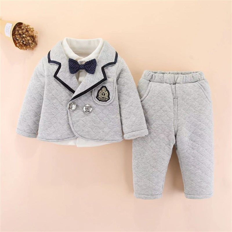 秋冬男童绅士礼服三件套加厚加绒分体男孩宝宝周岁西装生日小西服