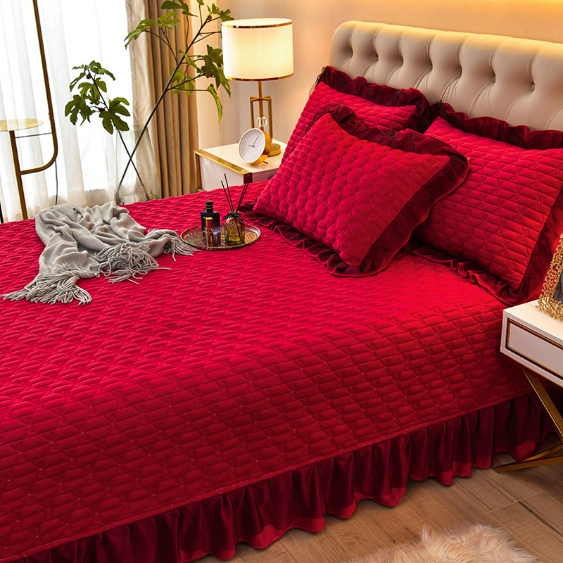 秋冬季水晶绒床盖加厚保暖宝宝绒珊瑚绒夹棉绗缝榻榻米床单三件套