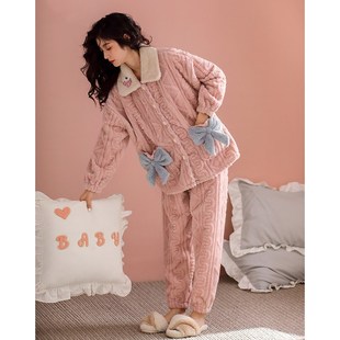 珊瑚绒睡衣少女秋冬季加厚加绒甜美可爱公主风粉色家居服长款睡袍