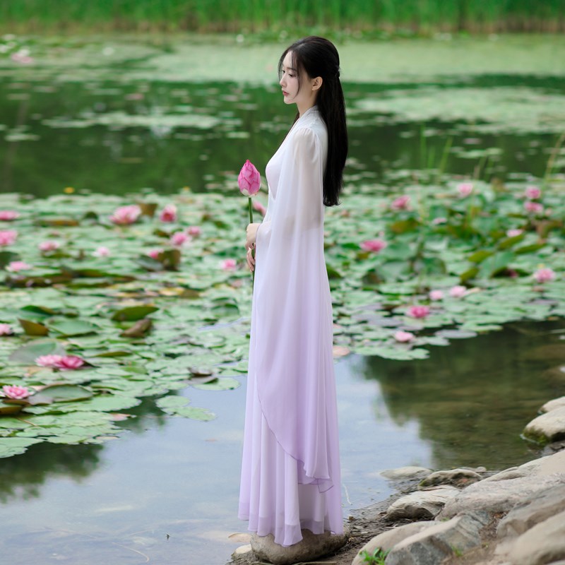 新中式国风女装设计感渐变交领汉服连衣裙女夏收腰长裙子仙气茶服