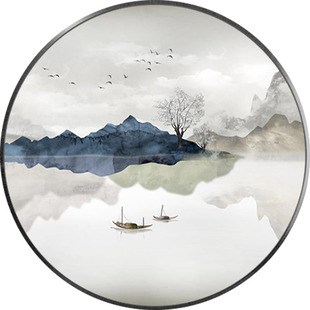 新中式圆形装饰画客厅玄关灯画山水画茶室禅意挂画水墨画风景壁画
