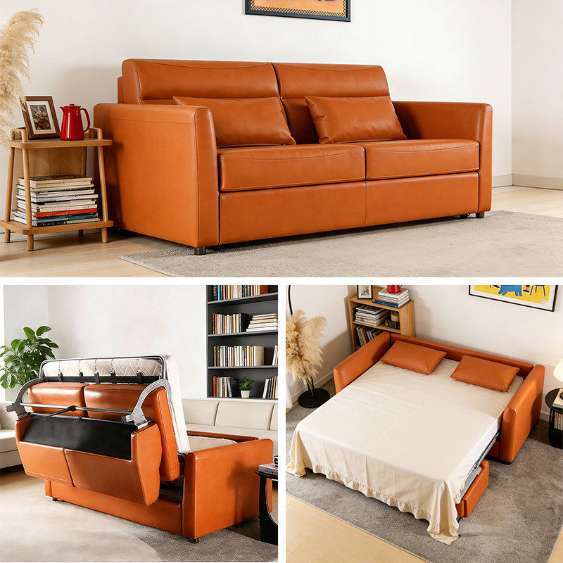复古小户型一体两用可折叠翻转多功能带床垫沙发床小户型真皮
