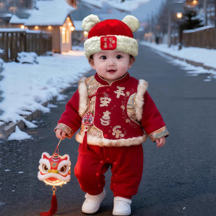 婴儿喜庆冬装外出服新年装拜年服宝宝连体衣冬加厚马甲两件套棉服