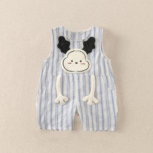 小月龄多巴胺穿搭婴儿连体衣夏薄款无袖男宝痞帅风幼儿哈衣超萌