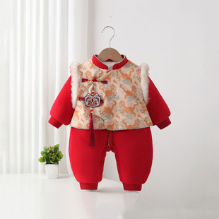 宝宝喜庆年服哈衣假两件冬装棉服马年婴儿服连体衣夹棉加厚拜年服