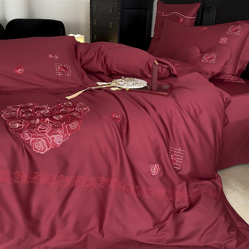 浪漫婚庆纯棉四件套红色玫瑰之恋全棉被套结婚用喜嫁婚房床上用品
