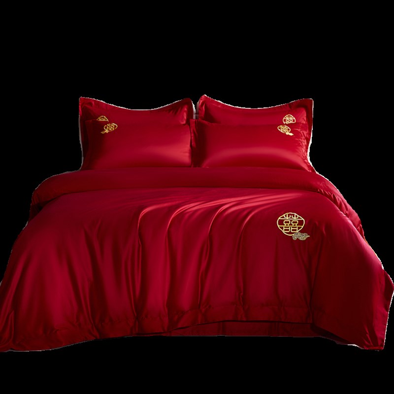 简约喜字100S长绒棉婚庆四件套大红色纯棉被套结婚嫁送礼床上用品