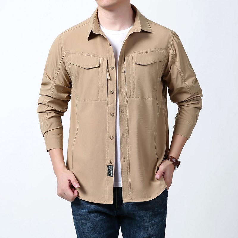 双拉链大口袋春夏季新款男士工装长袖衬衫大码纯棉中青年衬衣薄