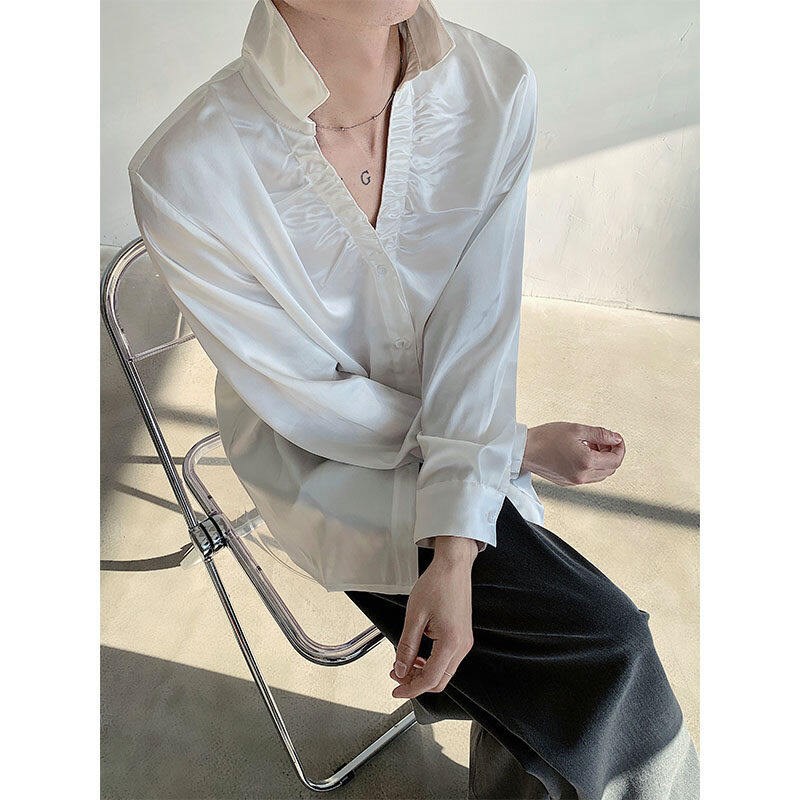 春夏法式V领抽褶亮面醋酸丝滑衬衫男长袖设计感气质网红衬衣时尚
