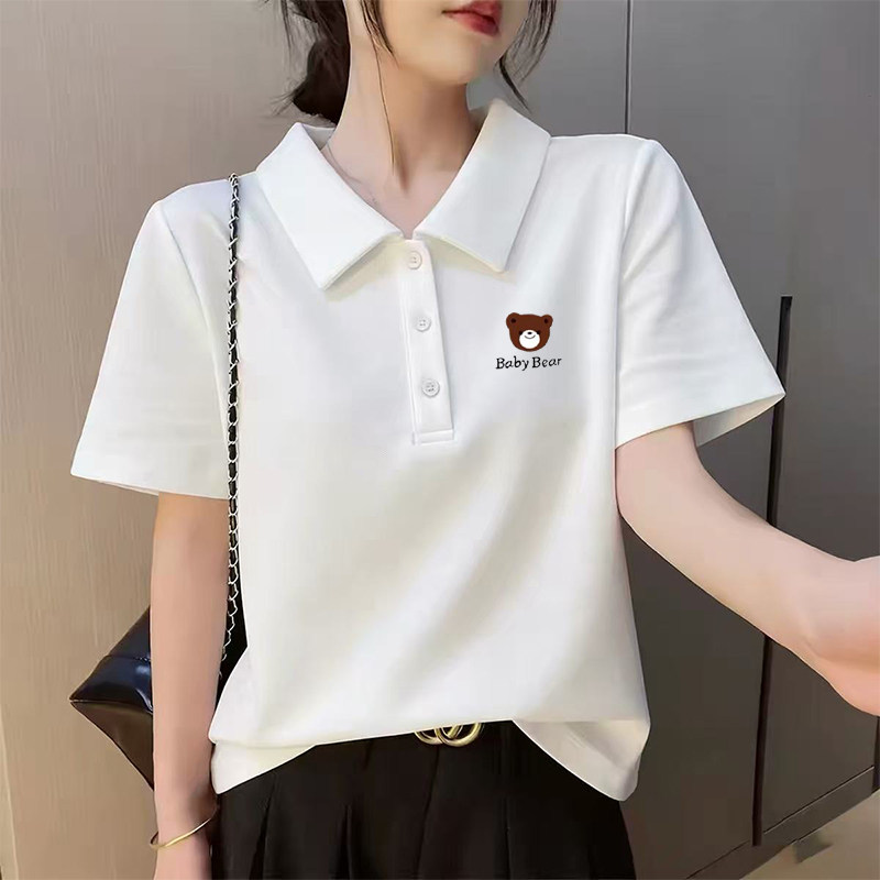 POLO领白色短袖T恤女士2026夏季新款洋气卡通印花体恤衫上衣ins潮