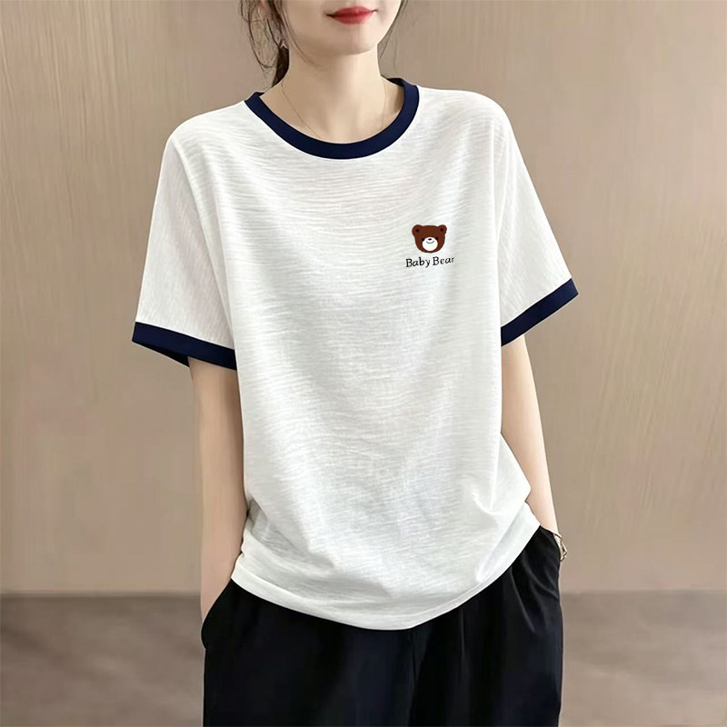 2026夏季韩版圆领短袖t恤女装撞色拼接竹节棉洋气时尚印花上衣ins