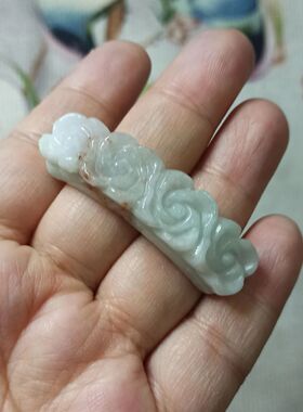 378缅甸天然翡翠手牌手排双孔雕刻花花卡48X12mm左右满48元包邮