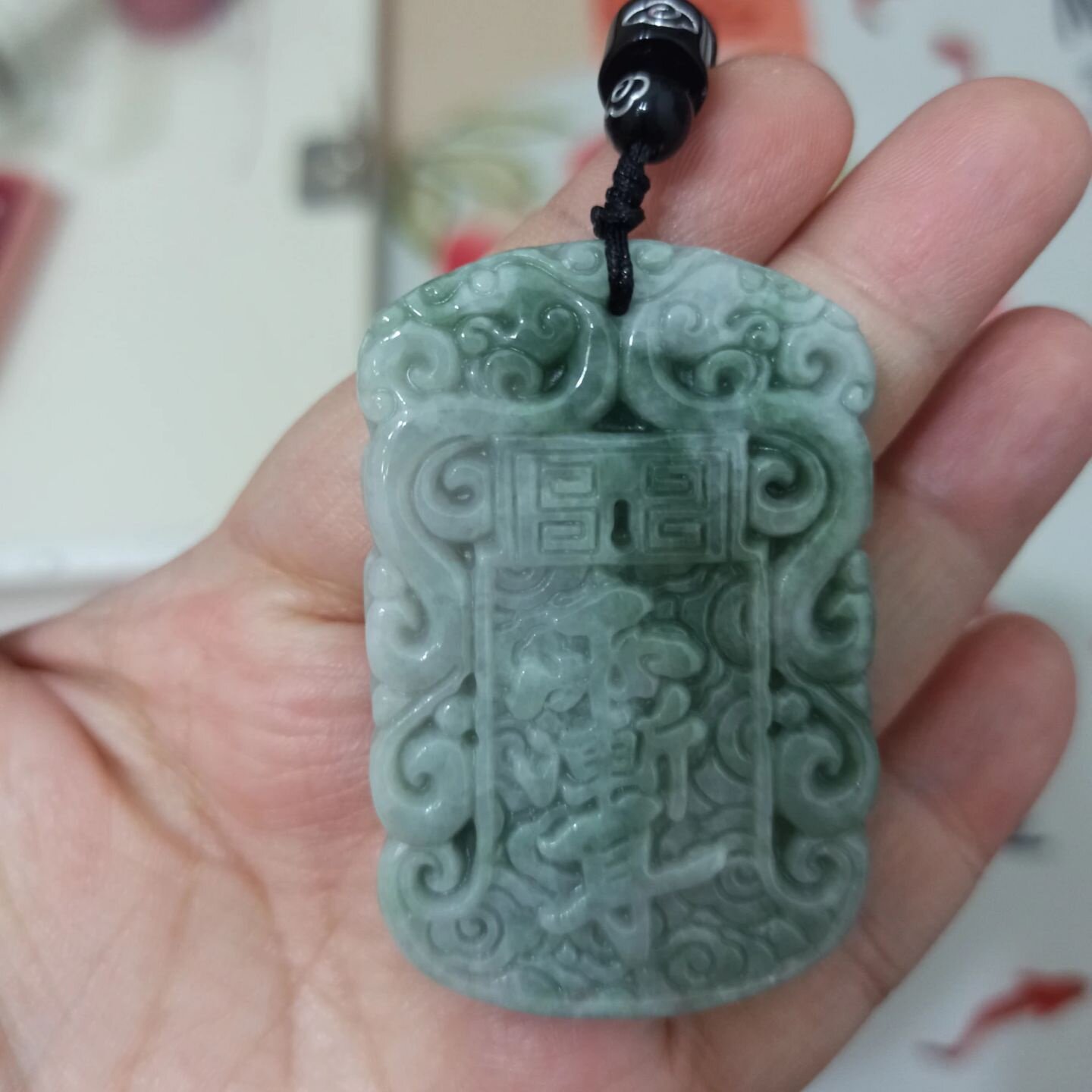 213天然翡翠吊坠雕刻仿古福牌挂牌福寿纹如意雨渐耳卡56X37mm左右