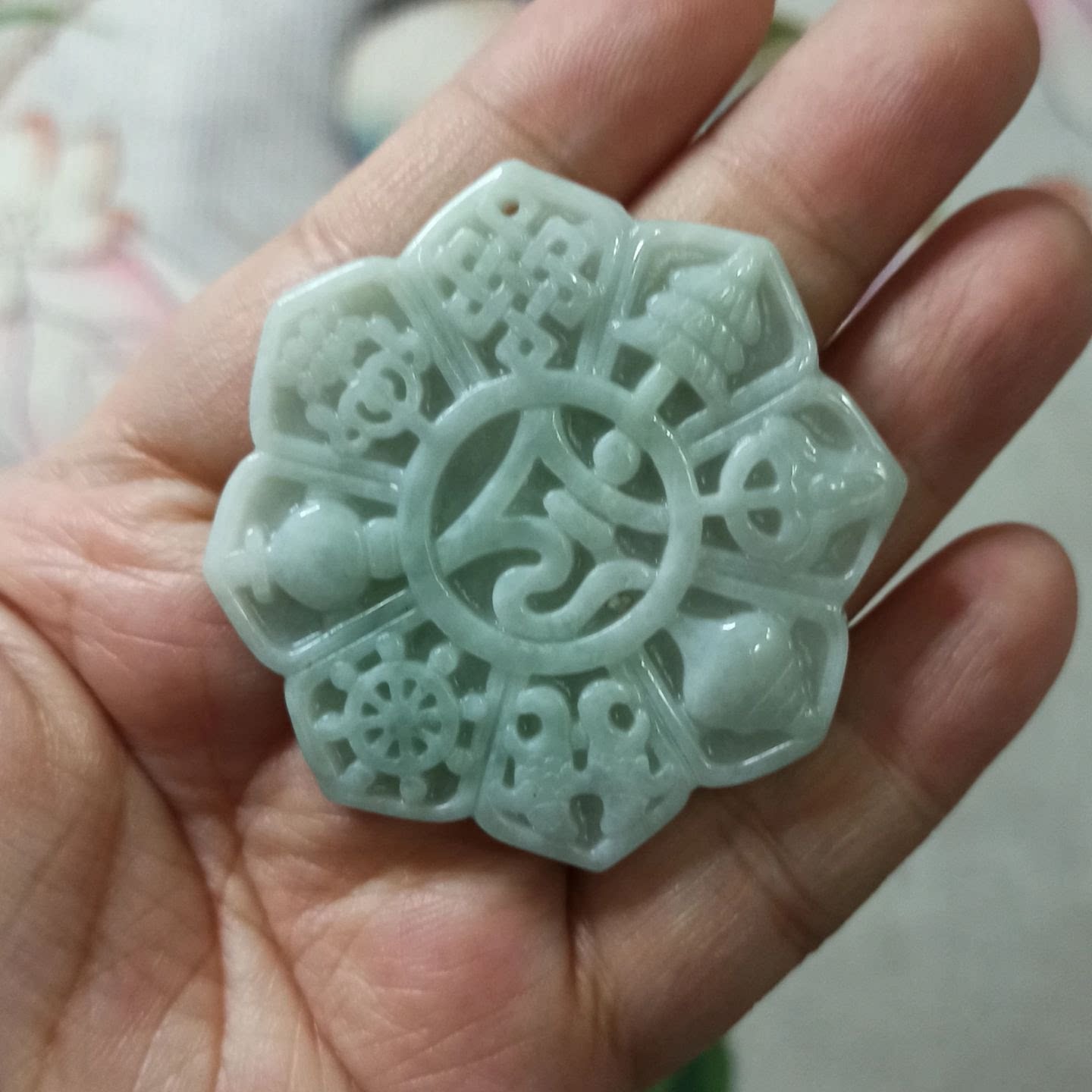 301缅甸天然翡翠吊坠雕刻仿古福牌挂牌福寿纹八宝罗盘卡50mm左右