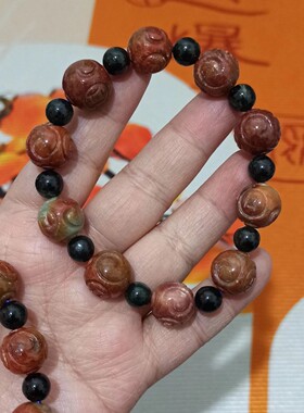 222缅甸天然翡翠烧红翡回纹珠手串卡14mm左右圆珠手链满48元包邮